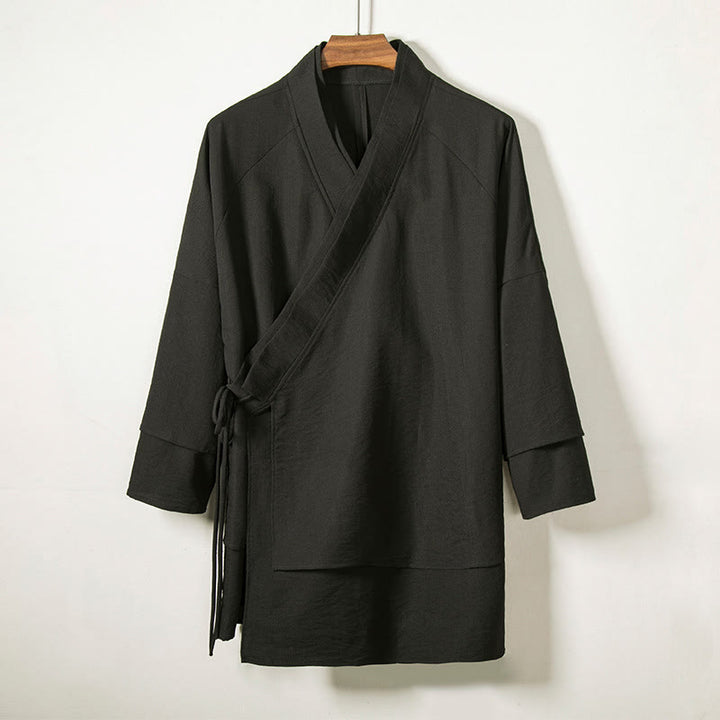 Buddha Stones Lace-Up Design Open Front Jacket Men's Cotton Linen Long Sleeve Kimono - Black - US/UK/AU44，EU54 (4XL) - image 0