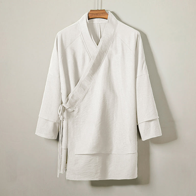 Buddha Stones Lace-Up Design Open Front Jacket Men's Cotton Linen Long Sleeve Kimono - FloralWhite - US/UK/AU44，EU54 (4XL) - image 6