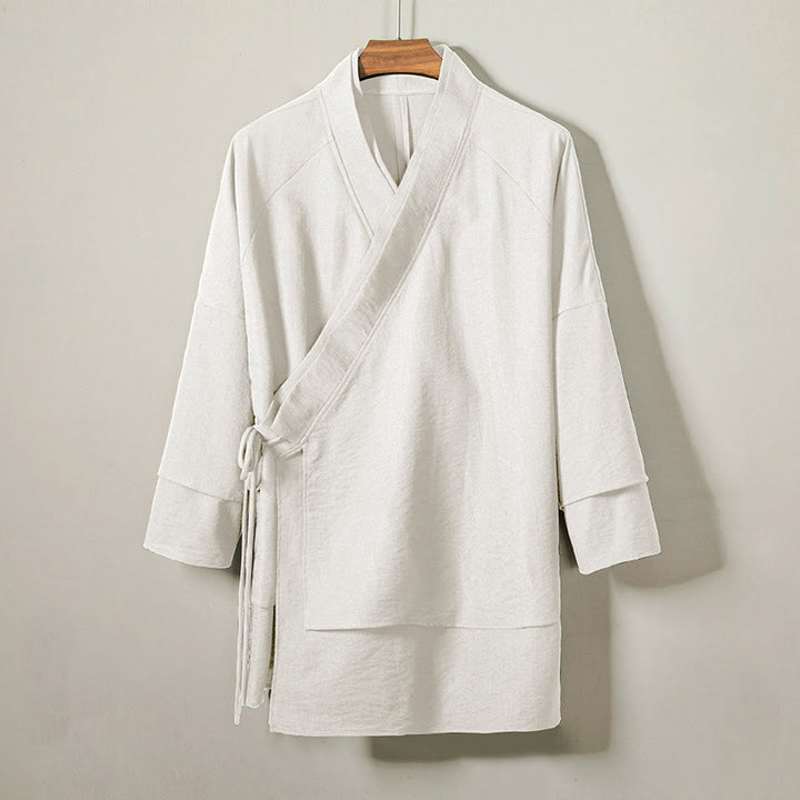Buddha Stones Lace-Up Design Open Front Jacket Men's Cotton Linen Long Sleeve Kimono - FloralWhite - US/UK/AU44，EU54 (4XL) - image 6