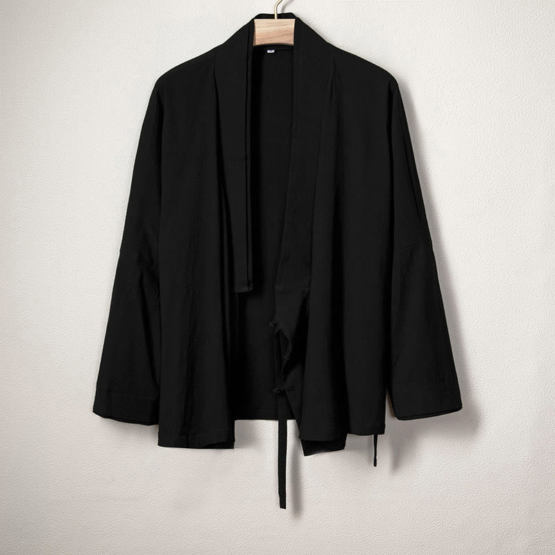 Buddha Stones Men's Plain Design Open Front Jacket Cotton Linen Long Sleeve Kimono - Black - US/UK/AU44，EU54 (4XL) - image 0