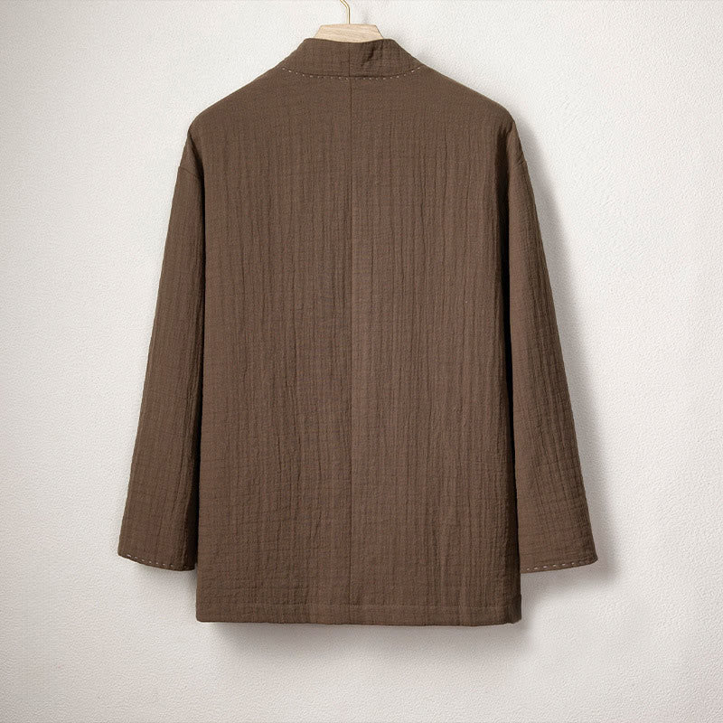 Buddha Stones Men's Plain Pleats Frog-Button Open Front Jacket Cotton Linen Long Sleeve Kimono - image 1