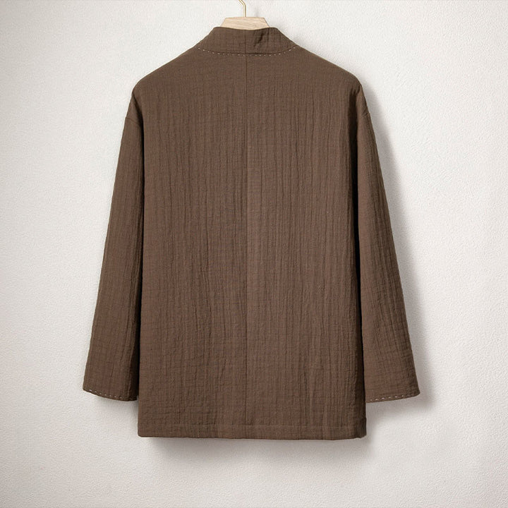 Buddha Stones Men's Plain Pleats Frog-Button Open Front Jacket Cotton Linen Long Sleeve Kimono - image 1