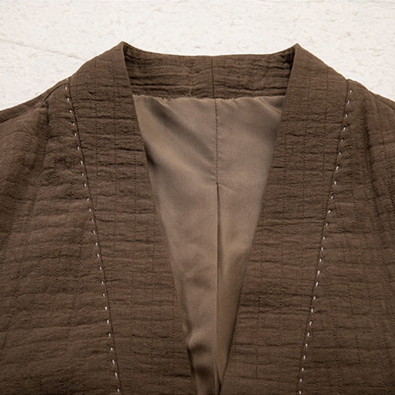Buddha Stones Men's Plain Pleats Frog-Button Open Front Jacket Cotton Linen Long Sleeve Kimono - image 2