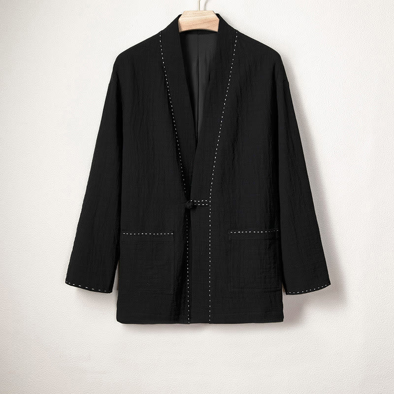 Buddha Stones Men's Plain Pleats Frog-Button Open Front Jacket Cotton Linen Long Sleeve Kimono - Black - US/UK/AU48，EU58 (4XL) - image 6