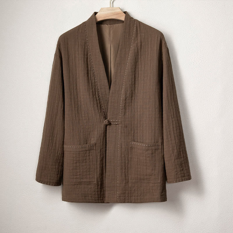 Buddha Stones Men's Plain Pleats Frog-Button Open Front Jacket Cotton Linen Long Sleeve Kimono - SaddleBrown - US/UK/AU48，EU58 (4XL) - image 0