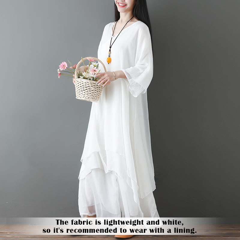 Buddha Stones V-Neck Midi Tunic Dress Wide Leg Pants Meditation Zen Practice Dance Clothing - image 3