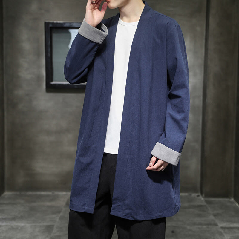 Buddha Stones Spring Long Sleeve Open Front Men's Cotton Linen Zen Jacket Kimono - DarkSlateBlue - US/UK/AU46，EU56 (5XL) - image 0
