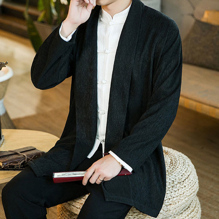 Buddha Stones Spring Pure Color Open Front Cotton Linen Men's Long Sleeve Jacket Kimono - image 7