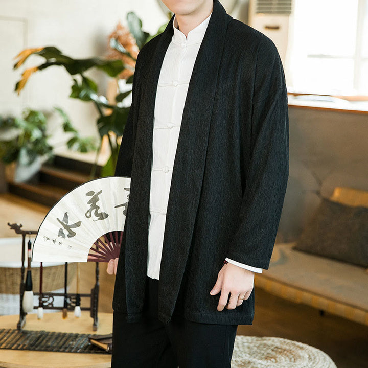 Buddha Stones Spring Pure Color Open Front Cotton Linen Men's Long Sleeve Jacket Kimono - Black - US/UK/AU46，EU56 (5XL) - image 0