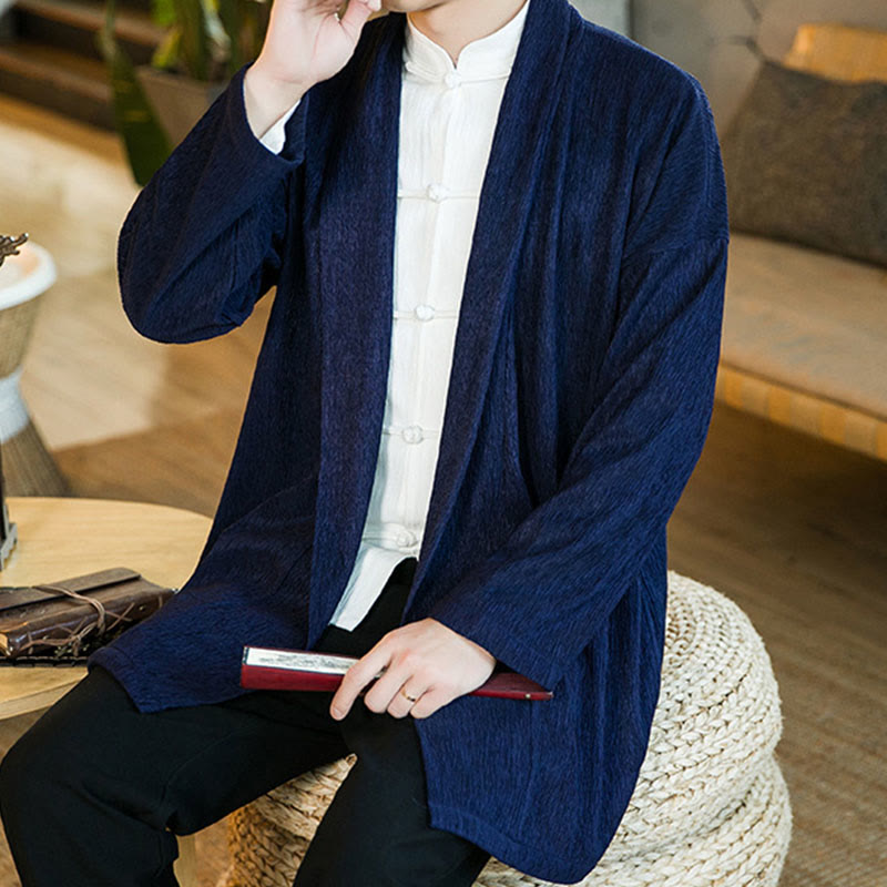 Buddha Stones Spring Pure Color Open Front Cotton Linen Men's Long Sleeve Jacket Kimono - image 16
