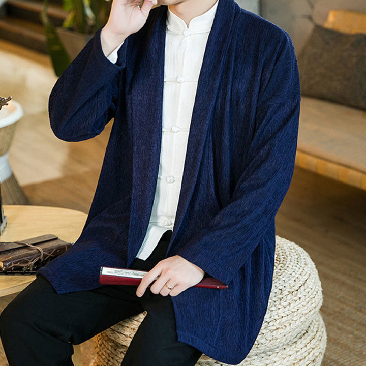 Buddha Stones Spring Pure Color Open Front Cotton Linen Men's Long Sleeve Jacket Kimono - image 16