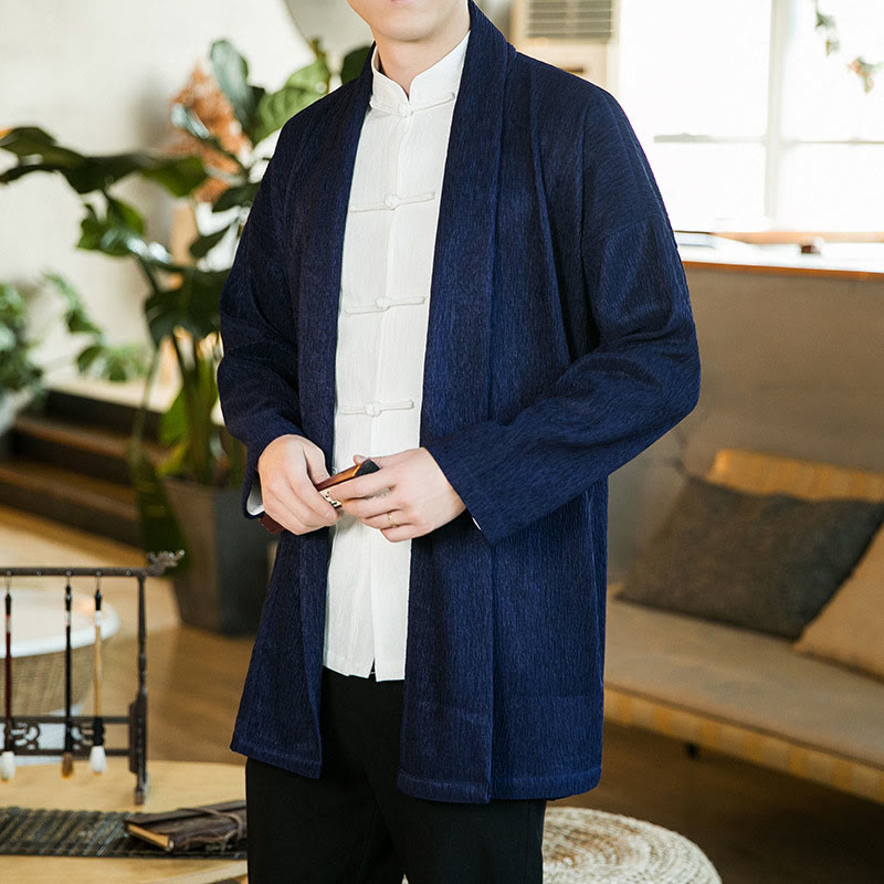 Buddha Stones Spring Pure Color Open Front Cotton Linen Men's Long Sleeve Jacket Kimono - MidnightBlue - US/UK/AU46，EU56 (5XL) - image 10