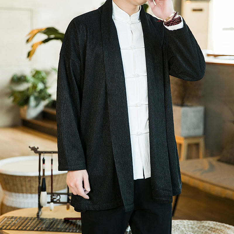 Buddha Stones Spring Pure Color Open Front Cotton Linen Men's Long Sleeve Jacket Kimono - image 5