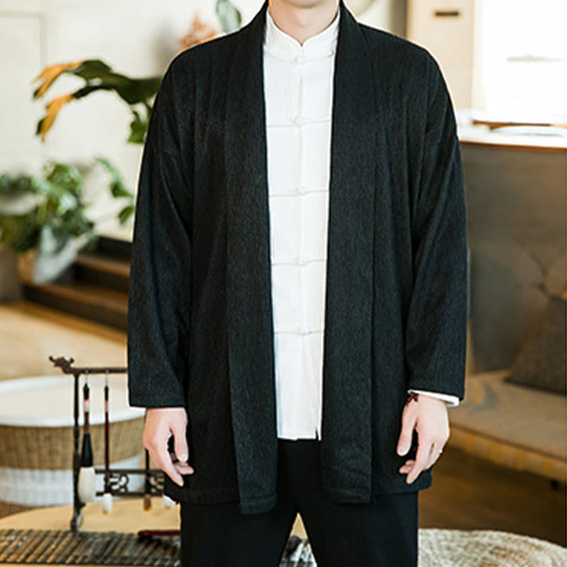 Buddha Stones Spring Pure Color Open Front Cotton Linen Men's Long Sleeve Jacket Kimono - image 4