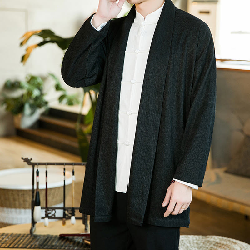 Buddha Stones Spring Pure Color Open Front Cotton Linen Men's Long Sleeve Jacket Kimono - image 3