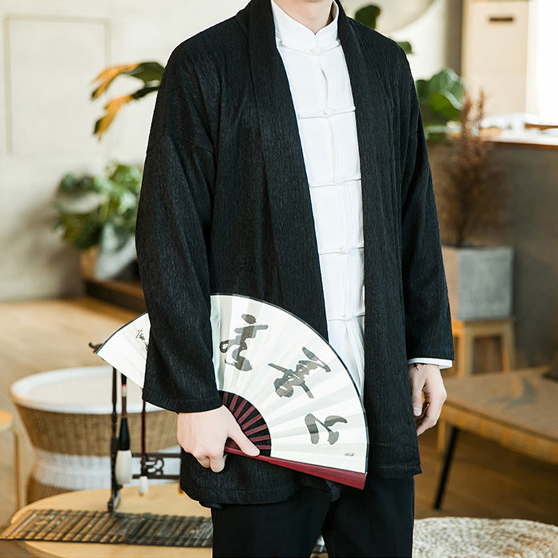 Buddha Stones Spring Pure Color Open Front Cotton Linen Men's Long Sleeve Jacket Kimono - image 1