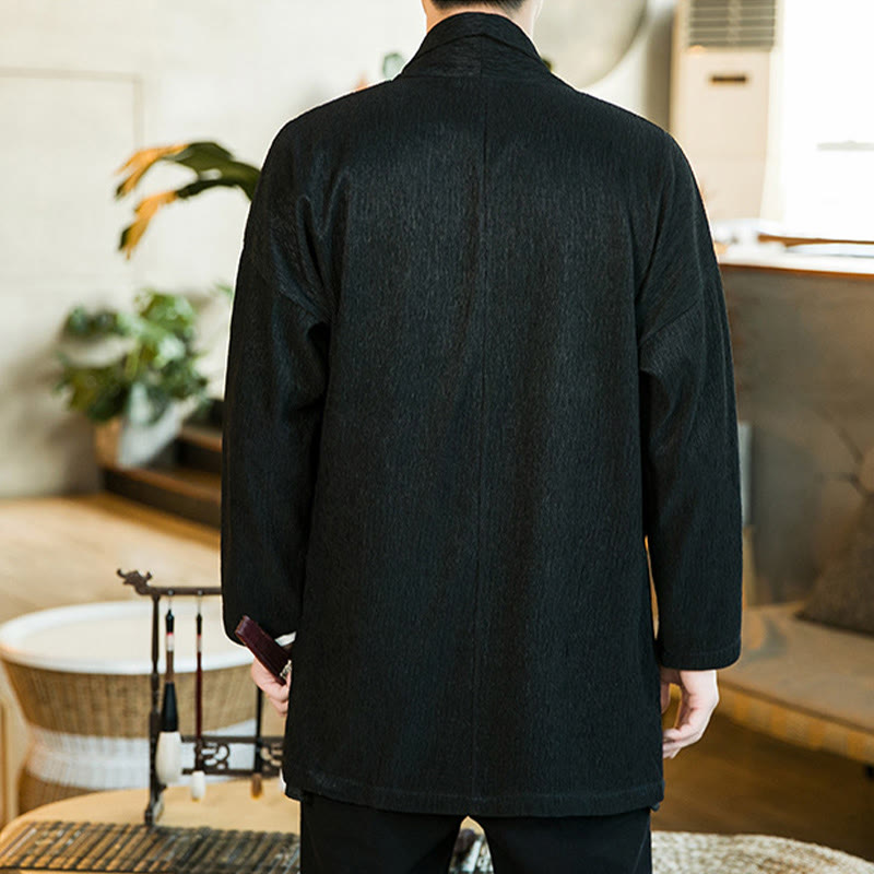 Buddha Stones Spring Pure Color Open Front Cotton Linen Men's Long Sleeve Jacket Kimono - image 2