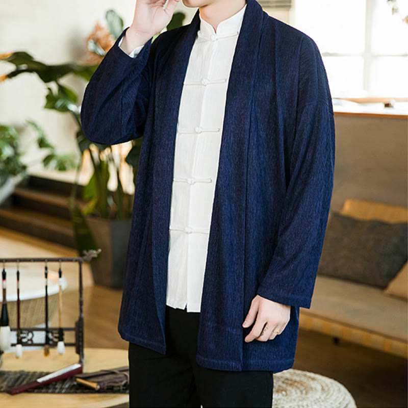Buddha Stones Spring Pure Color Open Front Cotton Linen Men's Long Sleeve Jacket Kimono - image 13