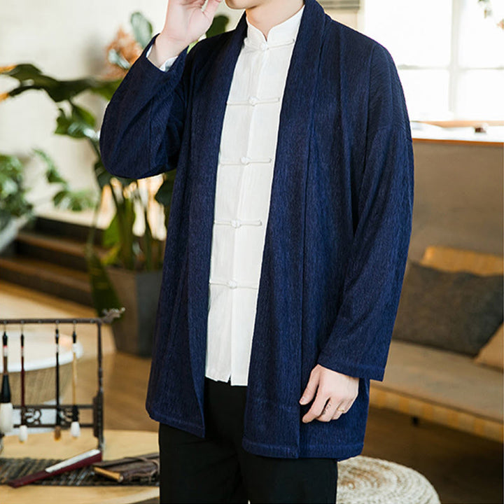 Buddha Stones Spring Pure Color Open Front Cotton Linen Men's Long Sleeve Jacket Kimono - image 13