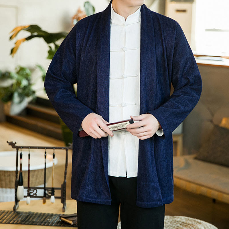 Buddha Stones Spring Pure Color Open Front Cotton Linen Men's Long Sleeve Jacket Kimono - image 14