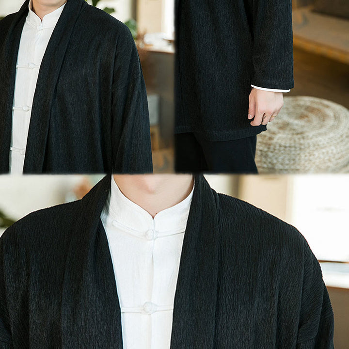 Buddha Stones Spring Pure Color Open Front Cotton Linen Men's Long Sleeve Jacket Kimono - image 8