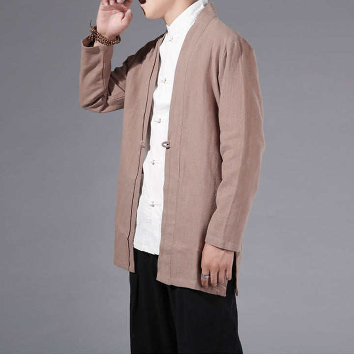 Buddha Stones Plain Simple Design Open Front Cotton Linen Men's Long Sleeve Jacket Kimono - image 21
