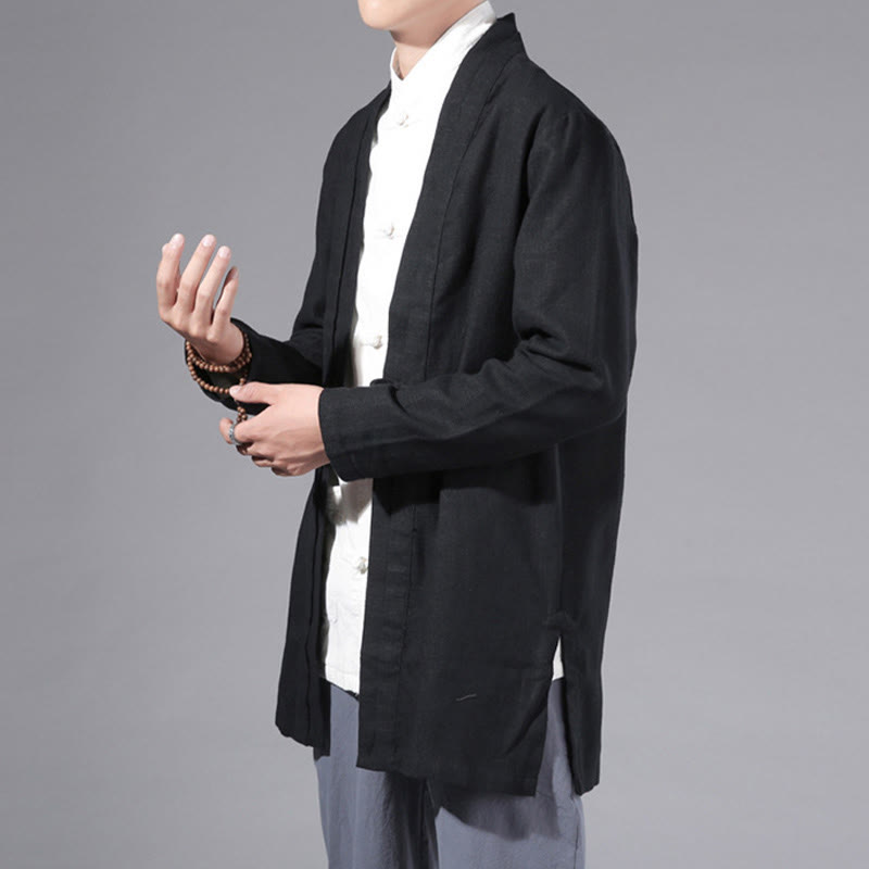 Buddha Stones Plain Simple Design Open Front Cotton Linen Men's Long Sleeve Jacket Kimono - image 16