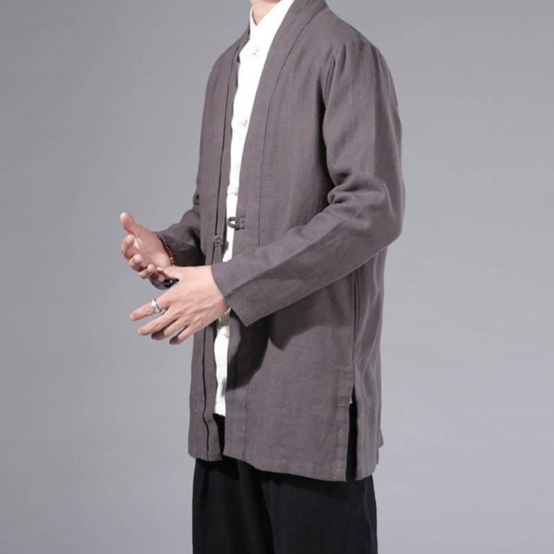 Buddha Stones Plain Simple Design Open Front Cotton Linen Men's Long Sleeve Jacket Kimono - image 33