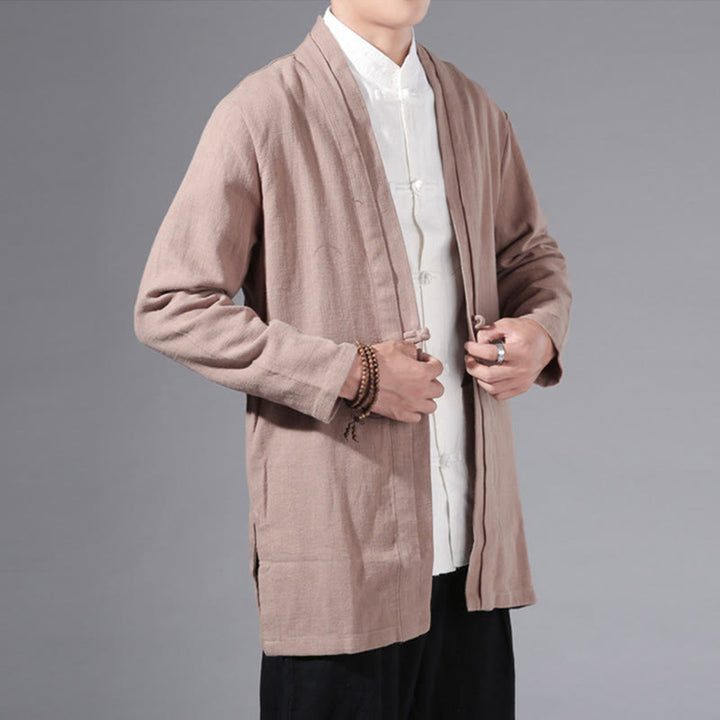 Buddha Stones Plain Simple Design Open Front Cotton Linen Men's Long Sleeve Jacket Kimono - image 25