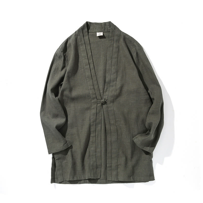 Buddha Stones Plain Simple Design Open Front Cotton Linen Men's Long Sleeve Jacket Kimono - image 10