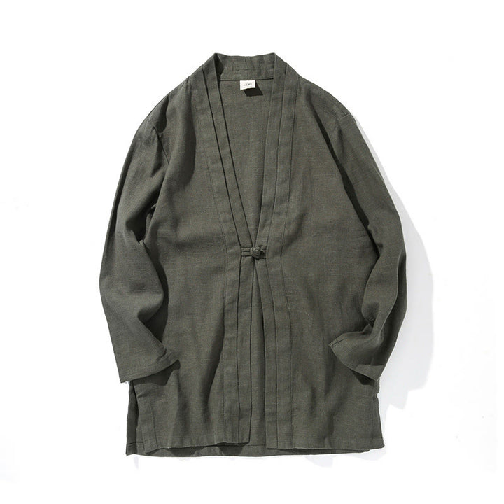 Buddha Stones Plain Simple Design Open Front Cotton Linen Men's Long Sleeve Jacket Kimono - image 10