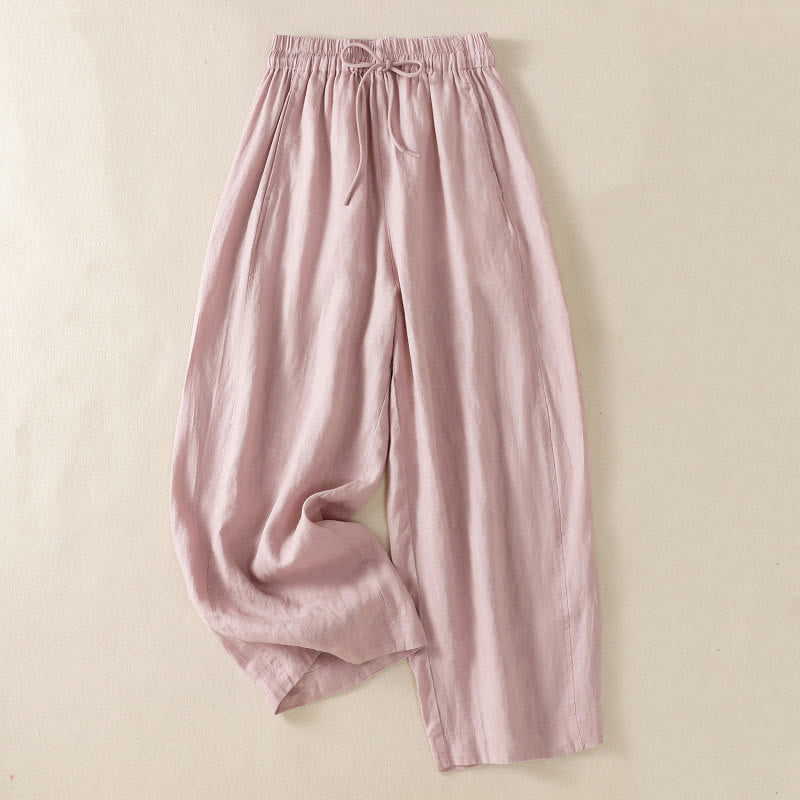 Buddha Stones Commute Plain Design Drawstring Cotton Linen Women's Wide Leg Pants With Pockets - LightPink - US8-10，UK/AU12-14，EU40-42 (2XL) - image 19