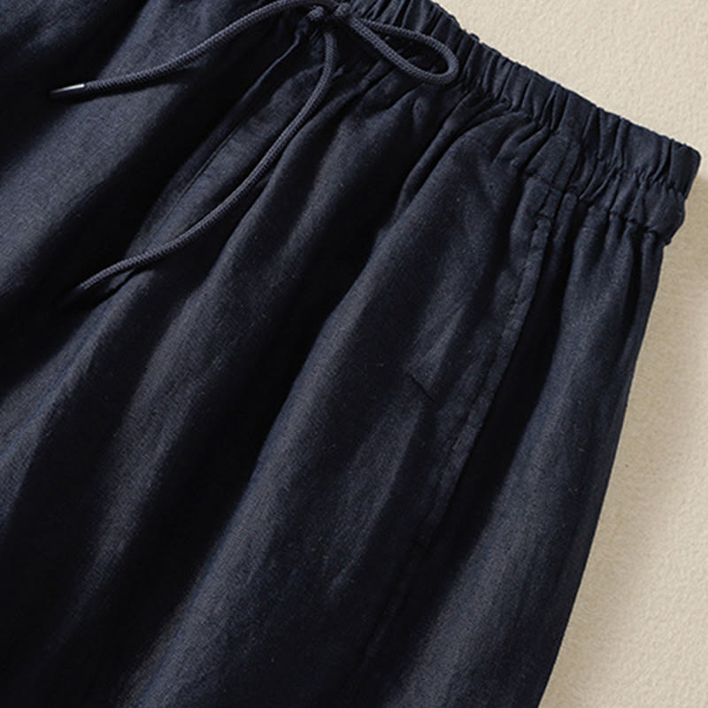 Buddha Stones Commute Plain Design Drawstring Cotton Linen Women's Wide Leg Pants With Pockets - image 16