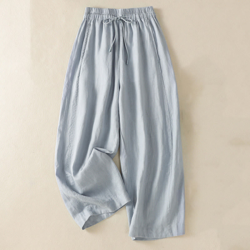 Buddha Stones Commute Plain Design Drawstring Cotton Linen Women's Wide Leg Pants With Pockets - LightSteelBlue - US8-10，UK/AU12-14，EU40-42 (2XL) - image 0