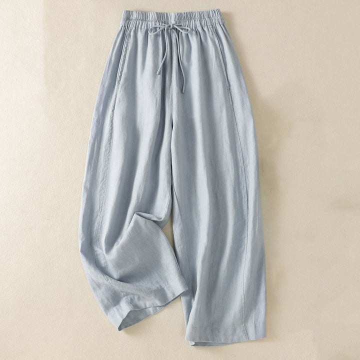 Buddha Stones Commute Plain Design Drawstring Cotton Linen Women's Wide Leg Pants With Pockets - LightSteelBlue - US8-10，UK/AU12-14，EU40-42 (2XL) - image 0