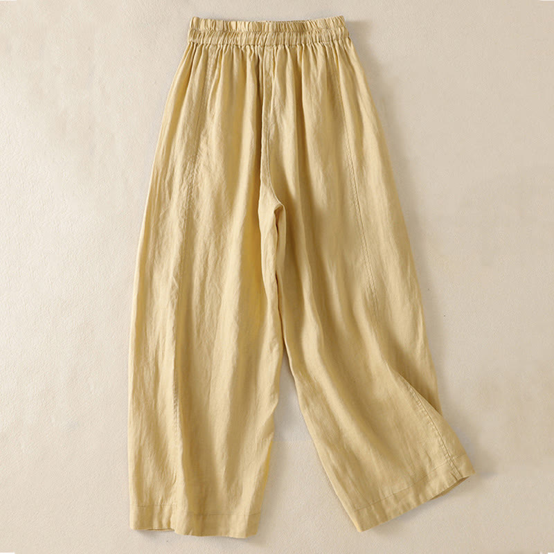 Buddha Stones Commute Plain Design Drawstring Cotton Linen Women's Wide Leg Pants With Pockets - image 8