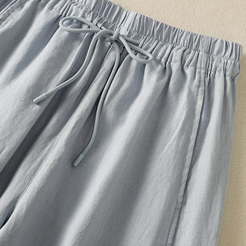 Buddha Stones Commute Plain Design Drawstring Cotton Linen Women's Wide Leg Pants With Pockets - image 3