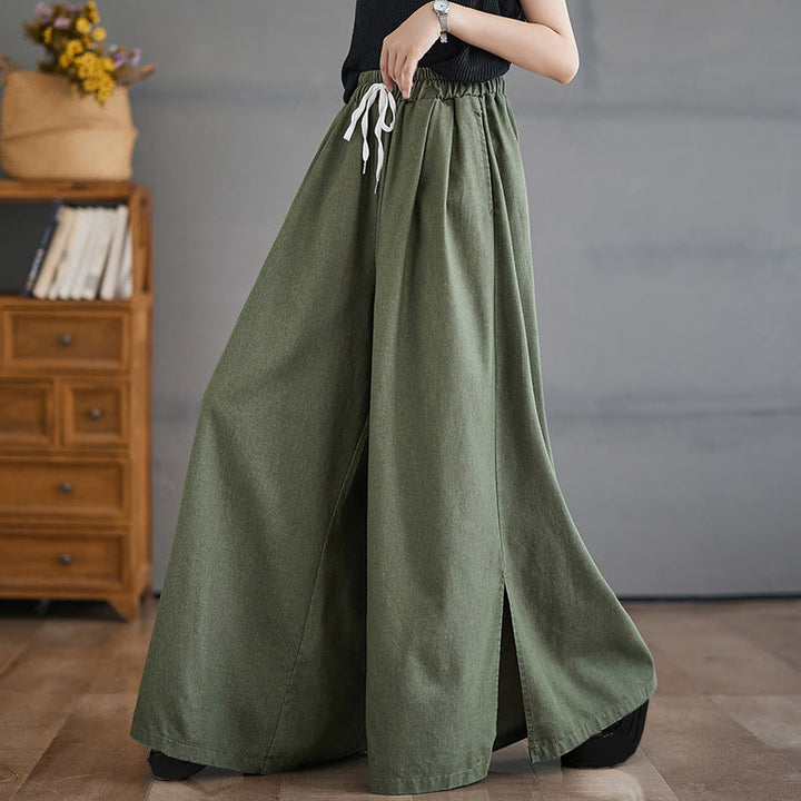 Buddha Stones Retro Leg Opening Slit Design Cotton Women's Wide Leg Pants With Pockets - OliveDrab - US12，UK/AU16，EU44 (3XL) - image 5