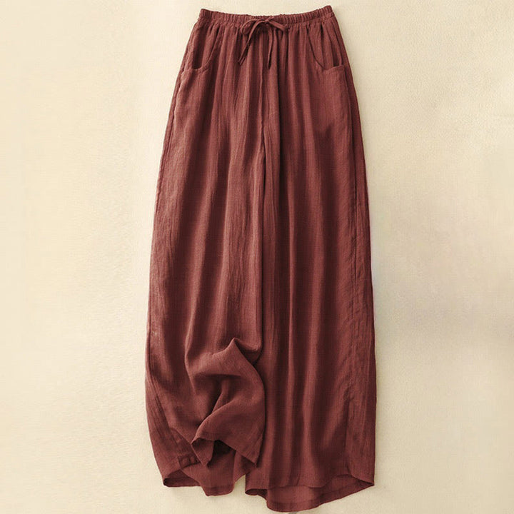 Buddha Stones Spring Pure Color Drawstring Double Layer Women's Wide Leg Pants With Pockets - FireBrick - US8-10，UK/AU12-14，EU40-42 (2XL) - image 0