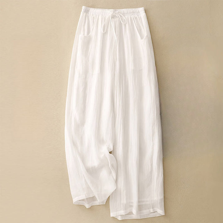 Buddha Stones Spring Pure Color Drawstring Double Layer Women's Wide Leg Pants With Pockets - White - US8-10，UK/AU12-14，EU40-42 (2XL) - image 7