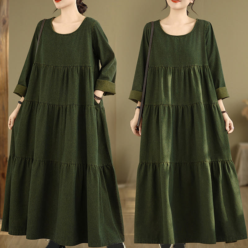 Buddha Stones DarkOliveGreen Patchwork Long Sleeve Design Cotton Women's Maxi Dress With Pockets - DarkOliveGreen - US14，UK/AU18，EU46 (3XL) - image 0