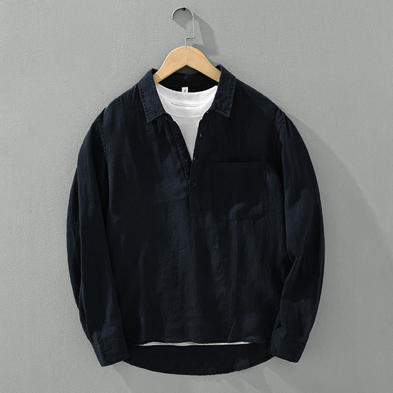 Buddha Stones Solid Color Loose Long Sleeve Half Button Shirt Linen Men Clothing - image 13