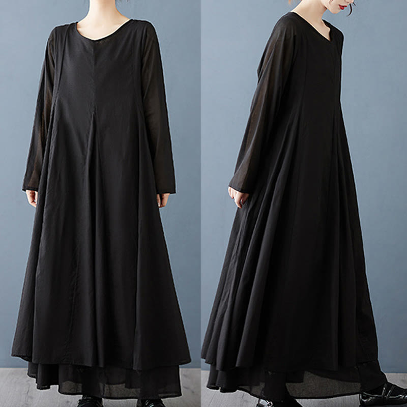 Buddha Stones Spring Double Layer Design Cotton Long Sleeve Women's Midi Dress - image 7