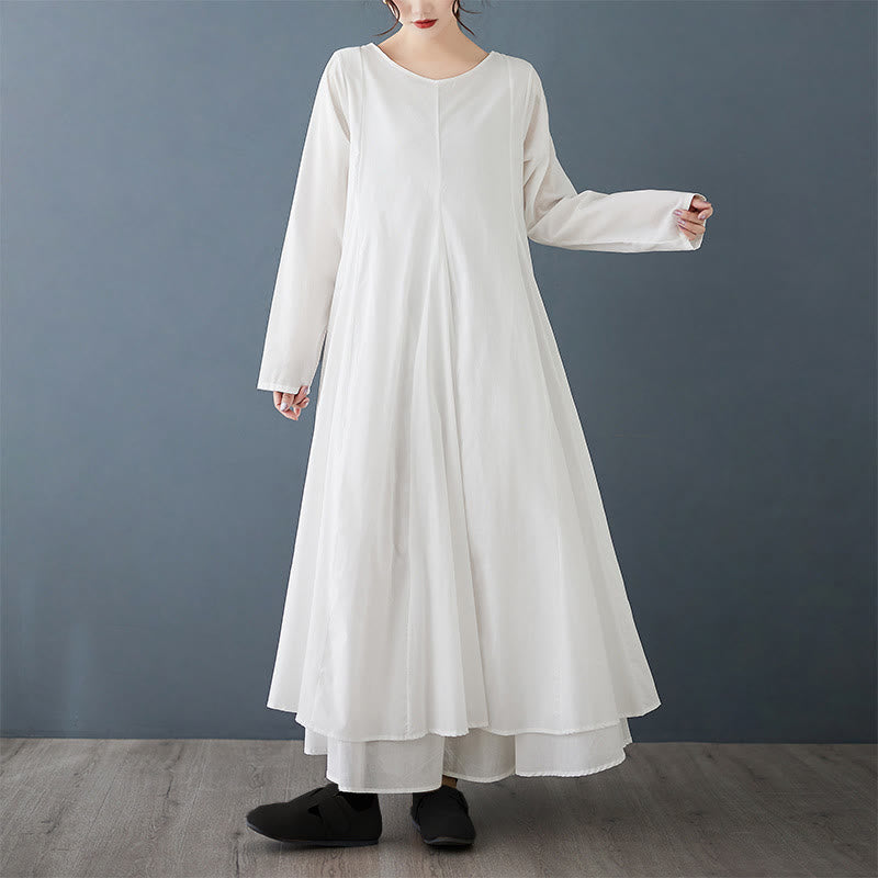 Buddha Stones Spring Double Layer Design Cotton Long Sleeve Women's Midi Dress - White - US12，UK/AU16，EU44 (2XL) - image 0