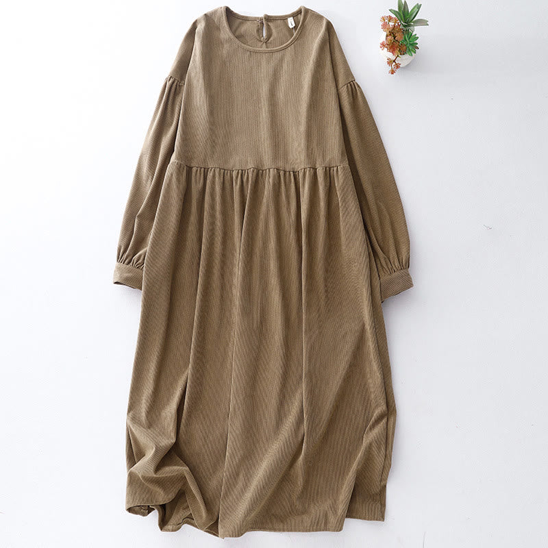 Buddha Stones Tan Solid Color Cotton Linen Corduroy Puff Long Sleeve Midi Dress - Tan - US8-10，UK/AU12-14，EU40-42 (2XL) - image 0