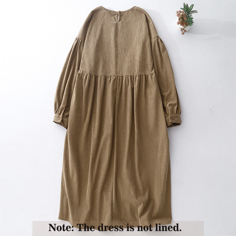 Buddha Stones Tan Solid Color Cotton Linen Corduroy Puff Long Sleeve Midi Dress - image 1