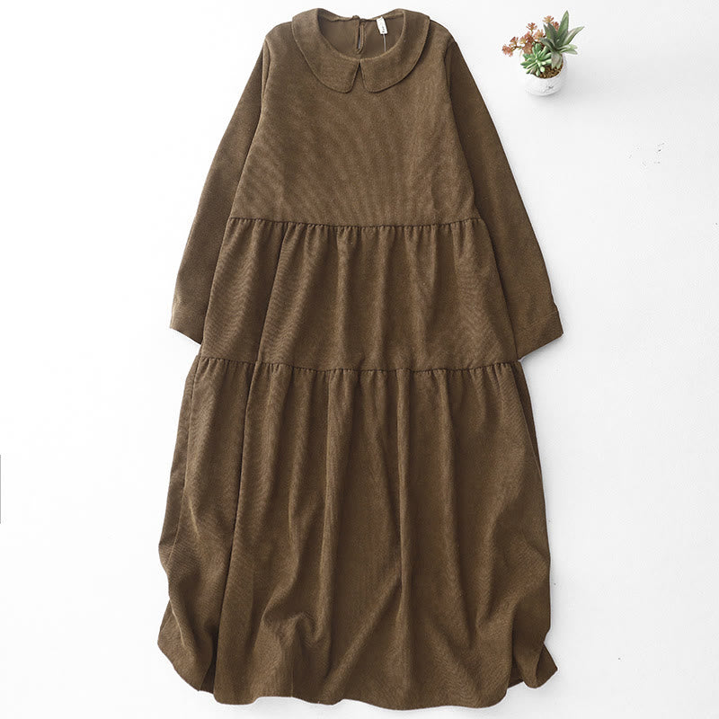 Buddha Stones Button Design Cotton Corduroy Peter Pan Collar Long Sleeve Midi Dress With Pockets - SaddleBrown - US8-10，UK/AU12-14，EU40-42 (2XL) - image 0