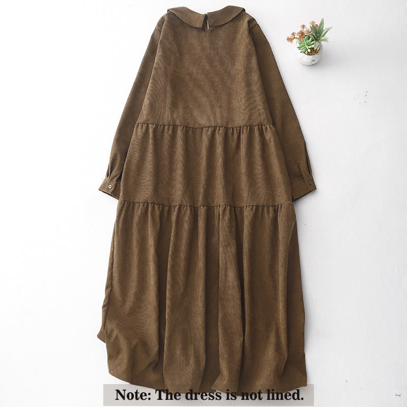 Buddha Stones Button Design Cotton Corduroy Peter Pan Collar Long Sleeve Midi Dress With Pockets - image 1