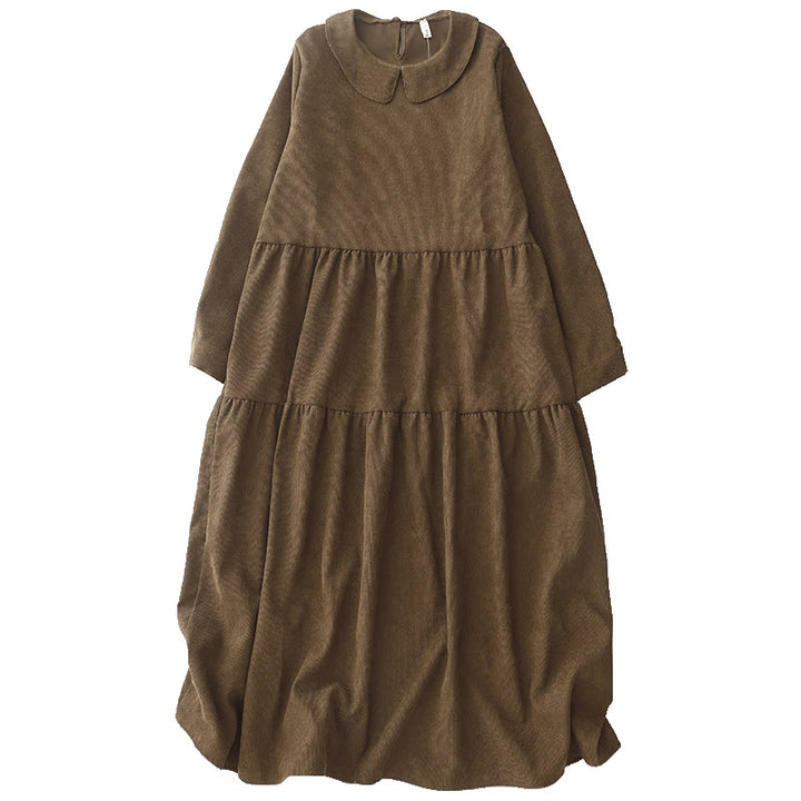 Buddha Stones Button Design Cotton Corduroy Peter Pan Collar Long Sleeve Midi Dress With Pockets - image 12