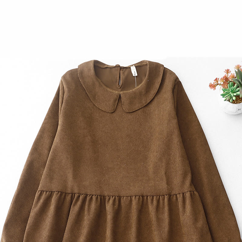 Buddha Stones Button Design Cotton Corduroy Peter Pan Collar Long Sleeve Midi Dress With Pockets - image 2